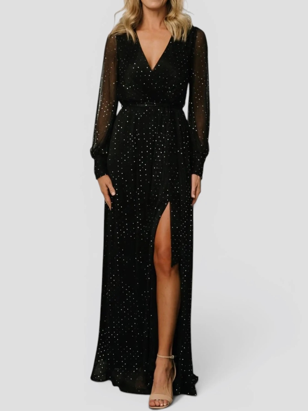 Baltic Born “Abigail” Black Long Sleeve V-Neck Evening Gown with Side Slit Small